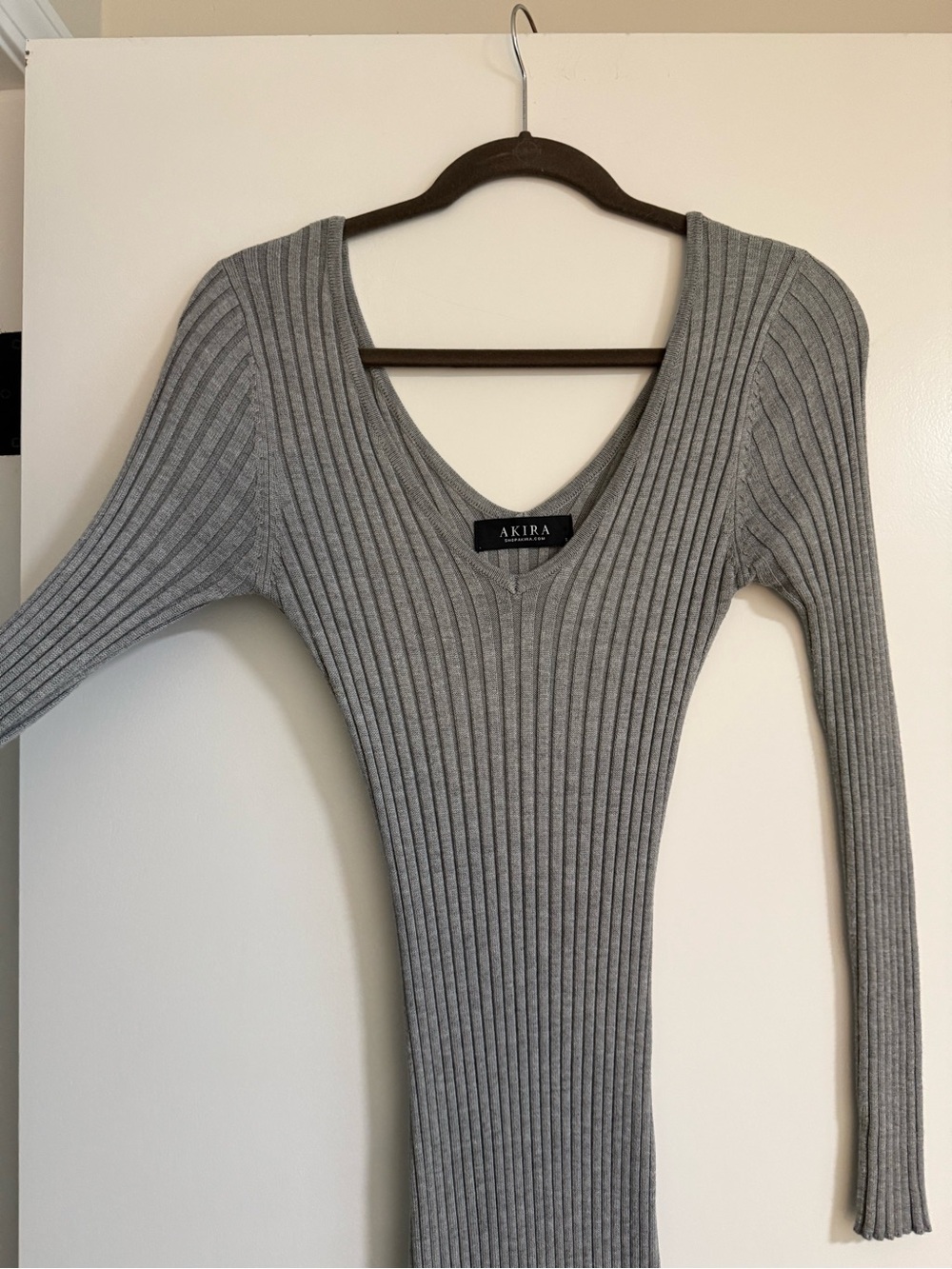 AKIRA Heather Gray Ribbed Knit Long Sleeve Bodycon Midi Dress | Small - Picture 8 of 9
